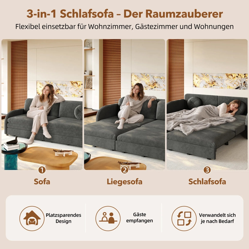 Divano letto 3 posti estraibile King-Size 206 cm, chenille grigio, funzione sonno 3-in-1, cuscini sfoderabili e tasche portaoggetti laterali