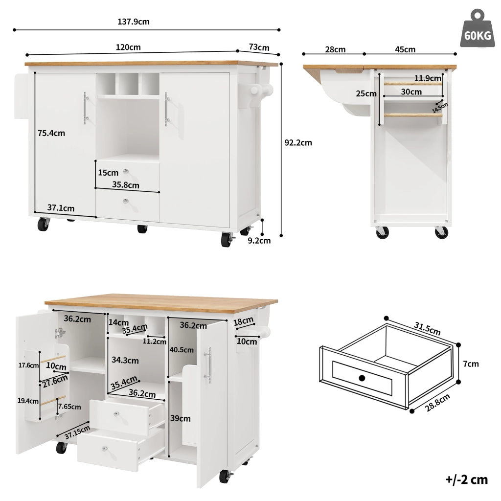 Carrello da Cucina con 2 Cassetti; 2 Ante; Piano Pieghevole; Portasciugamani; Portabottiglie; Bianco