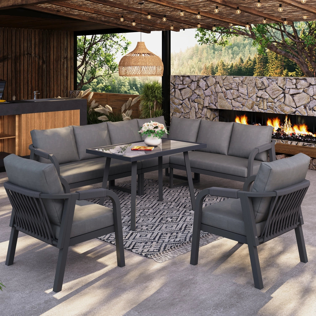 Set Pranzo da Giardino 8 Posti con Divano Angolare, Tavolo e Poltrone ¨C Xylo ¨C Polyrattan Grigio