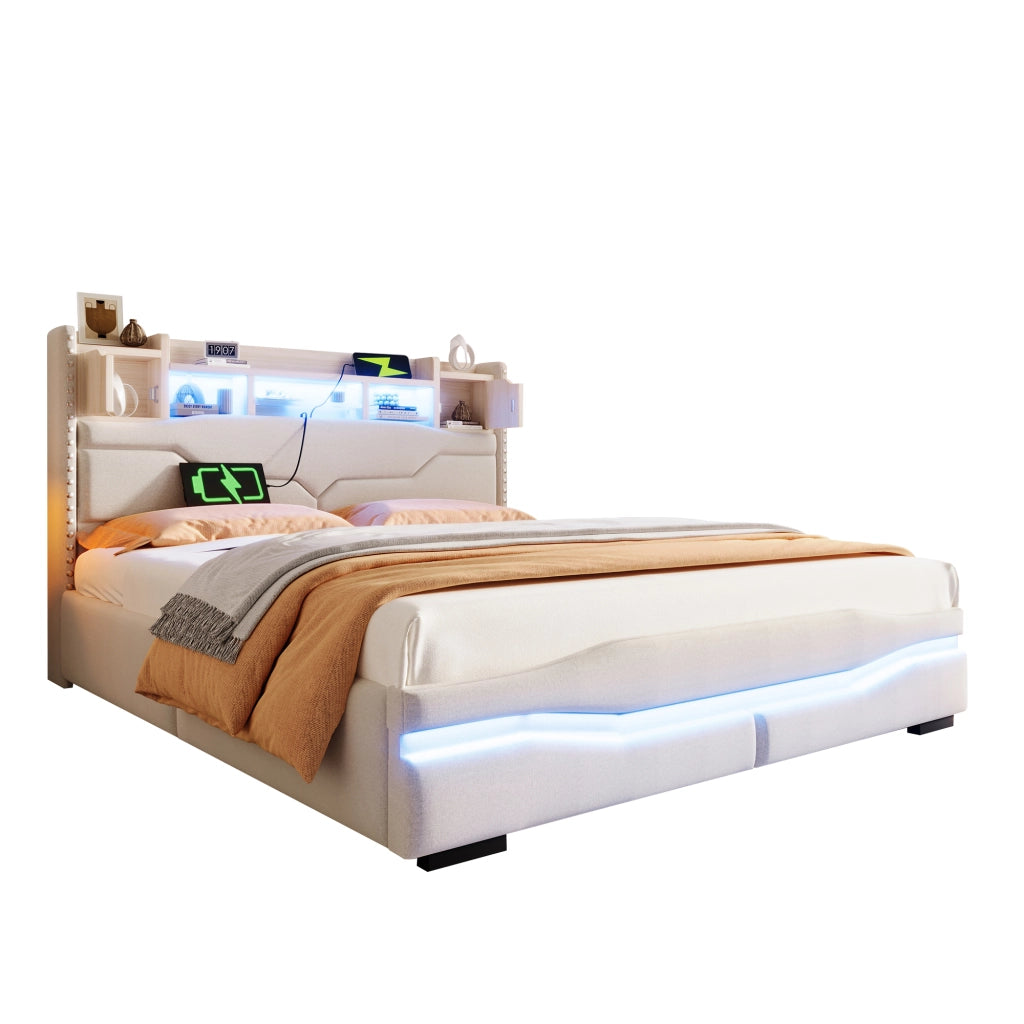 OKWISH Letto Contenitore 160×200 cm, Letto Matrimoniale con USB e Tipo C, LED Regolabile e Vano Contenitore, senza Materasso, in Lino, Beige