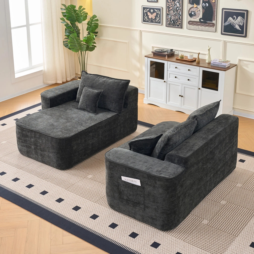 OKWISH Divano Angolare Modulare, senza Montaggio con Seduta Profonda e Chaise Longue Flessibile, Ciniglia Nera