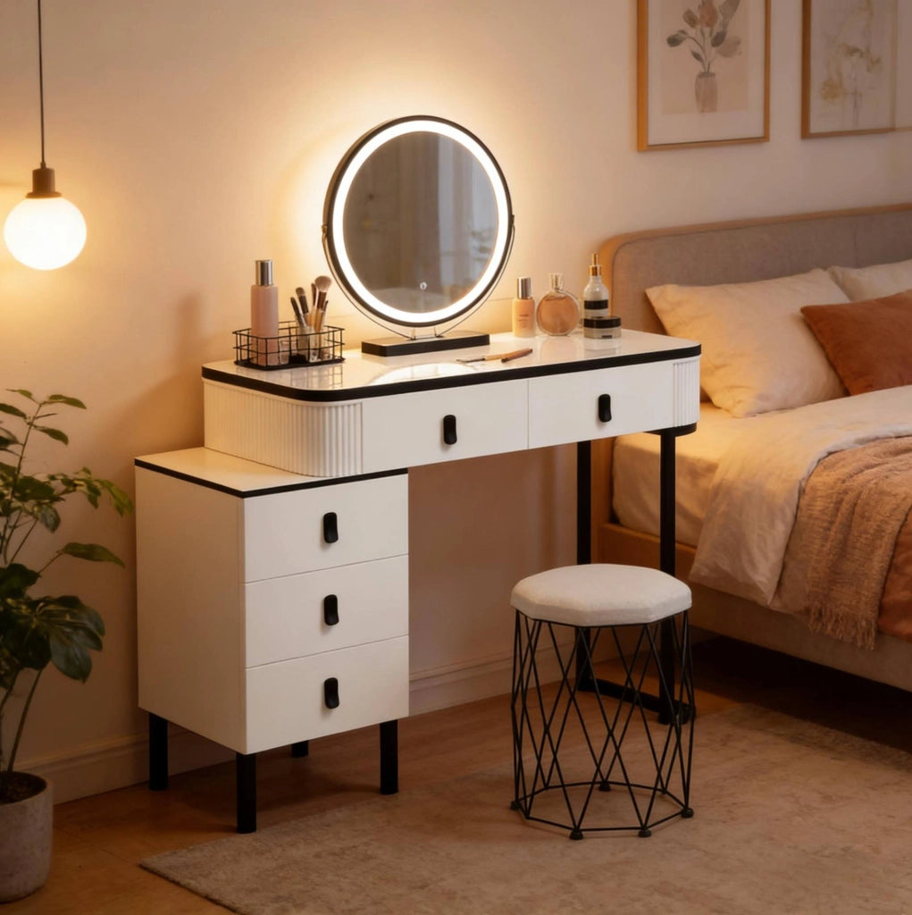 Tavolo da Trucco con Specchio LED Dimmerabile e Sgabello in Velluto Bianco e Nero