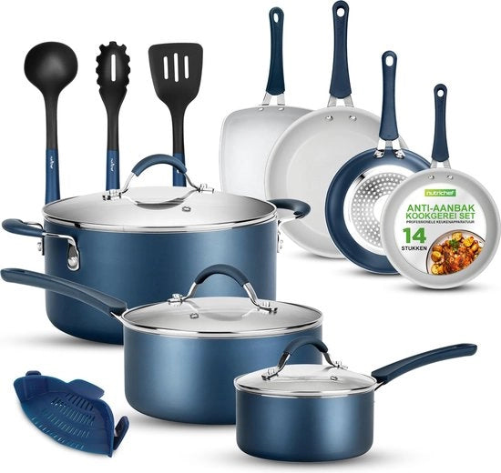 Set di cottura inductive 14 pezzi, con pentole e padelle antiscivente, set di pentole e padelle con coperchi e accessori da cucina, compatibile con tutti i fornelli inductive, colore blu marino