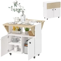 Mobile Tavolo Pieghevole con Ruote, due piani pieghevoli, Vano portaoggetti, 4 Ruote, Bianco+Naturale, 70 x 83 x 75cm