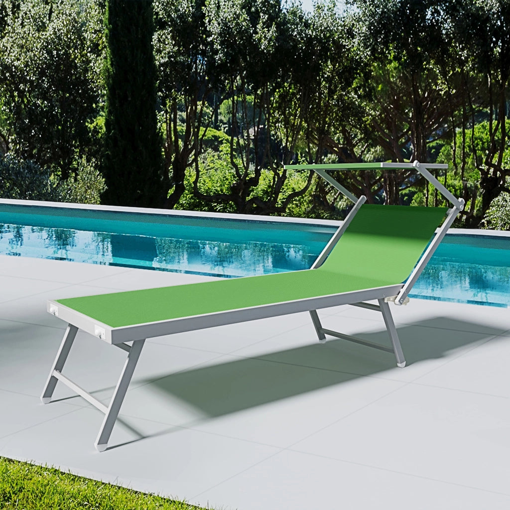 Lettino Sdraio Prendisole Professionale Richiudibile In Alluminio E Textilene con Tettino Parasole Orientabile Lettino Relax Mare Spiaggia Piscina Giardino Solarium 182 x 60 x 38 Cm Verde