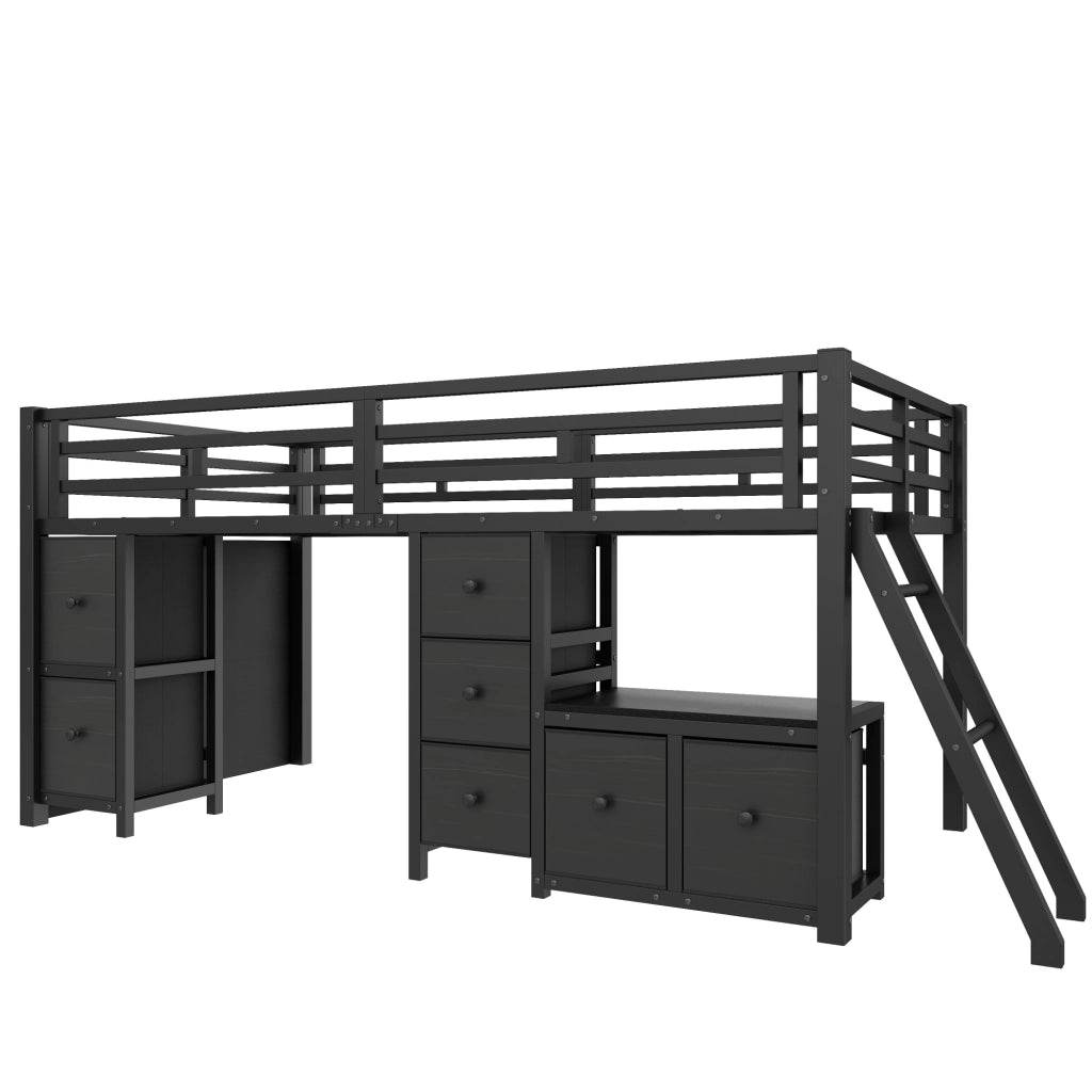 Letto rialzato per bambini 90x200 cm con 7 cassetti, libreria e luce LED