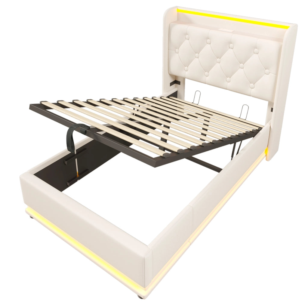 Letto singolo imbottito 90x200 cm bianco con LED 360°, USB Tipo-C, contenitore idraulico e materasso incluso
