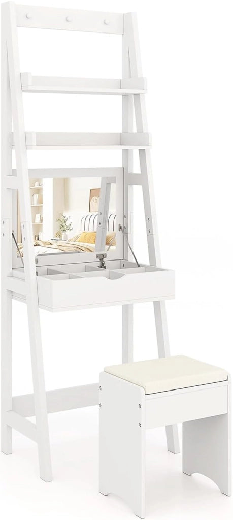 Toeletta Trucco con Specchio Nascosto, Set Tavolo e Sgabello da Trucco con 2 Ripiani, 3 Ganci, Sgabello Imbottito, per Soggiorno Camera da Letto, 60 x 40 x 180,5 cm (Bianco)