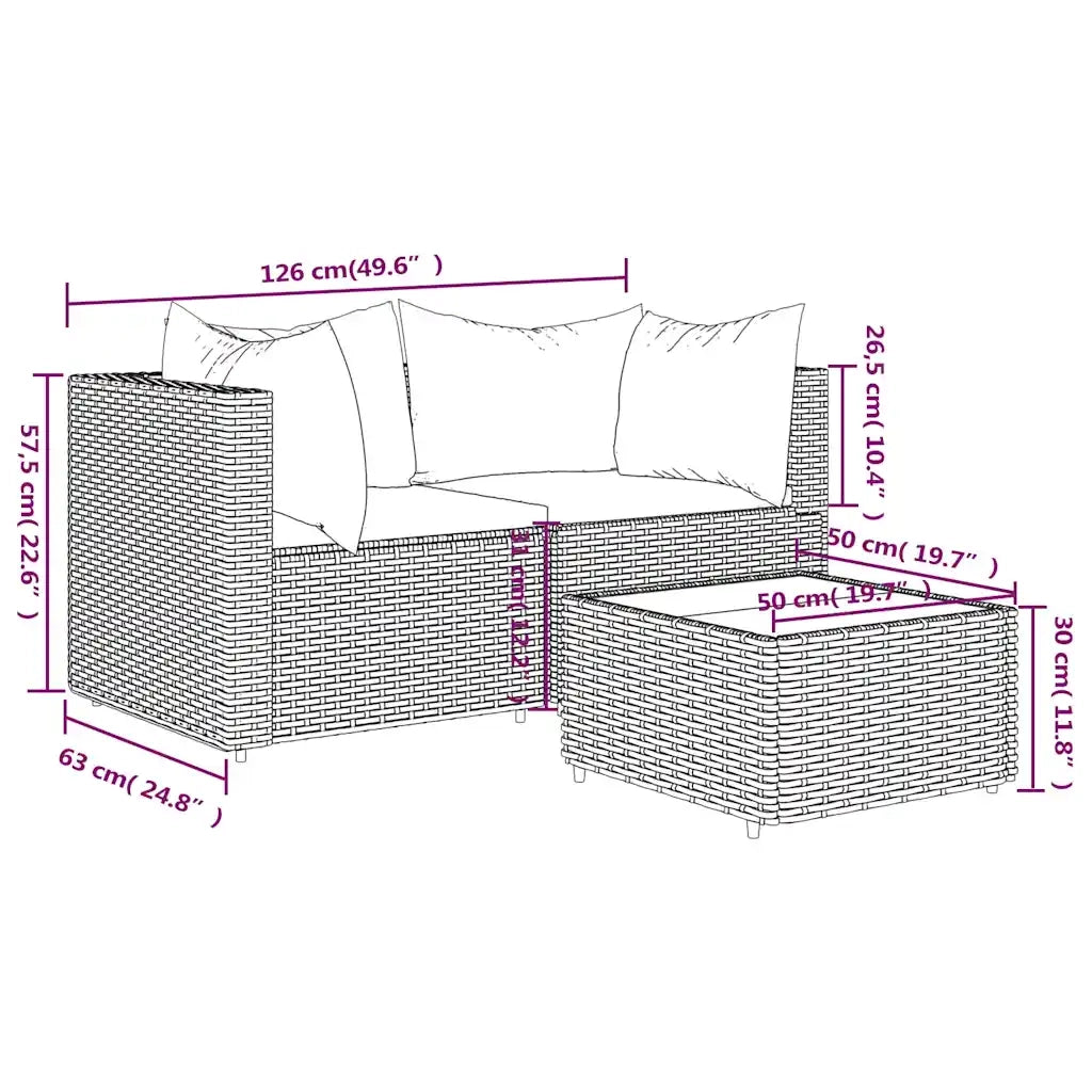 Set Mobili da Giardino 3 pz con Cuscini in Polyrattan Marrone CFW9585592