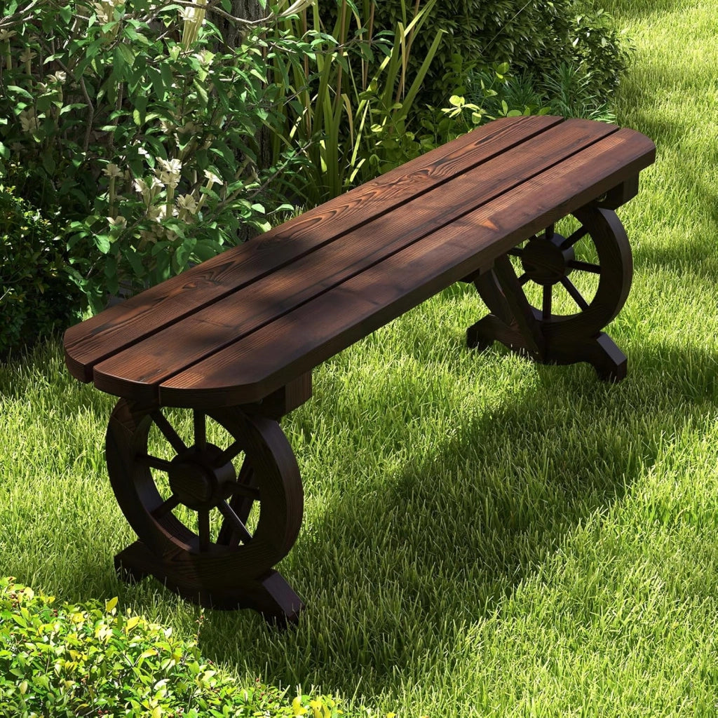 Panchina in Legno Rustico, Panchina da Esterno con Base a Ruota di Carro, Design Sedile a Doghe, Panchina a 2 Posti per Giardino, Balcone e Cortile, Portata 325 kg