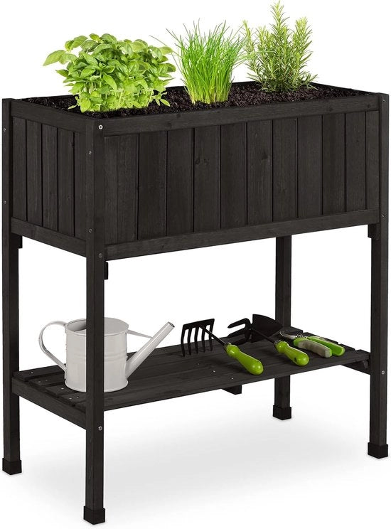 Cassa per orto su ruote con copertura e spazio di stoccaggio - 80 x 74 x 38 cm - Noce - Nero - Per giardino, balcone e terrazzo