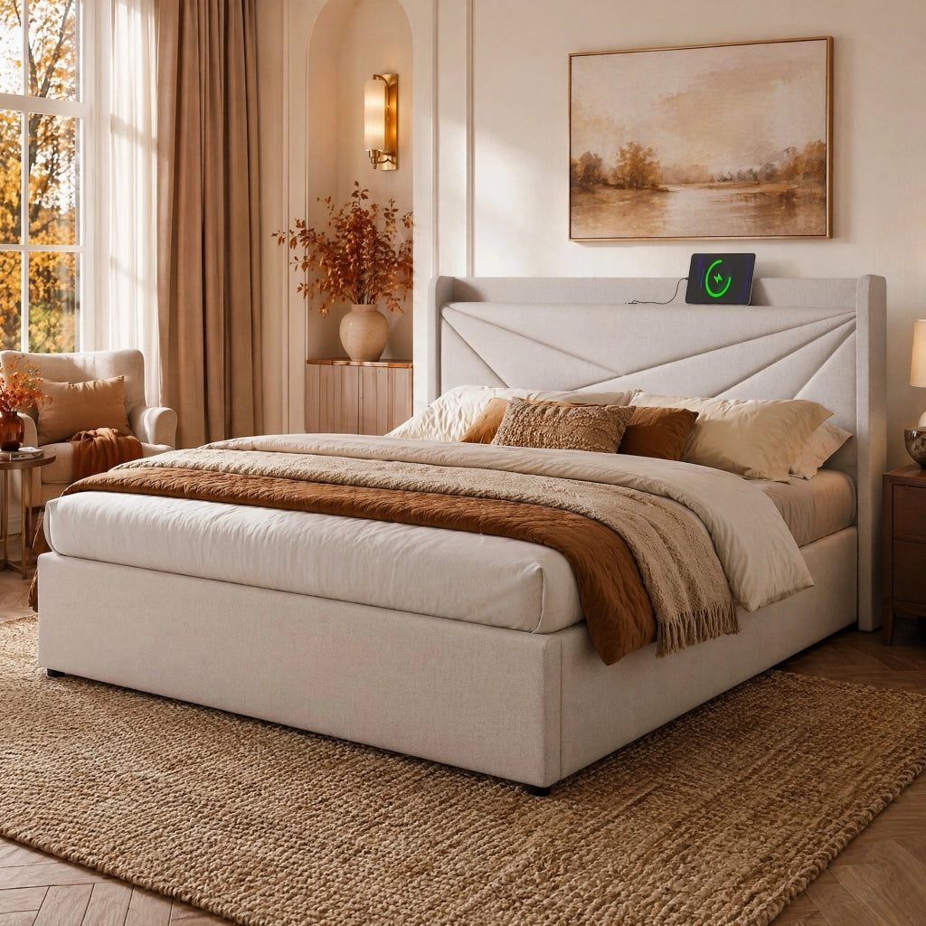 LETTO Contenitore 140x200 cm Beige in Cotone e Lino con USB Type-C