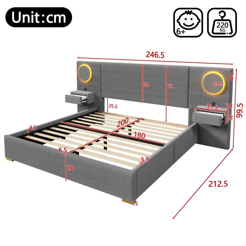 Letto Matrimoniale 180x200 cm; USB; LED; Cassetti e Tavolini in Velluto Grigio