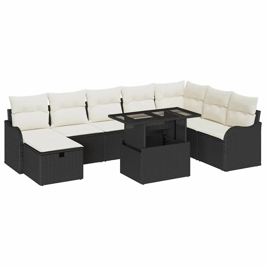 Set Divano da Giardino con cuscino 9 pcs Nero Poly Rattan