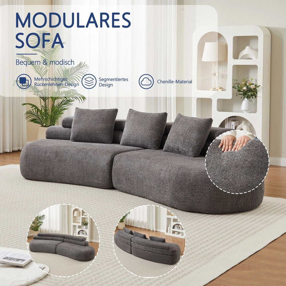 Divano modulare 3 posti ¨C Minimal ¨C grigio tessuto chenille design a mezzaluna