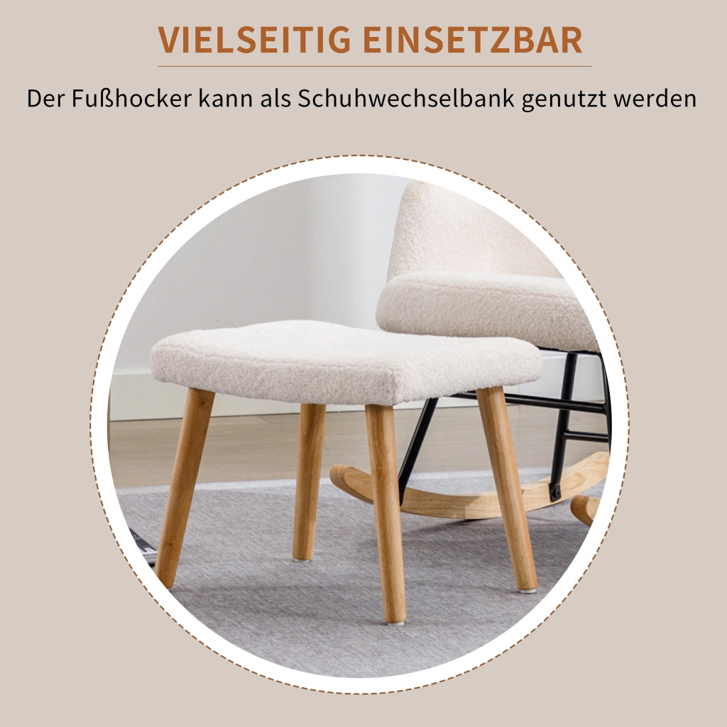 Poltrona a dondolo con poggiatesta e poggiapiedi design elegante per relax quotidiano in tessuto bouclé bianco