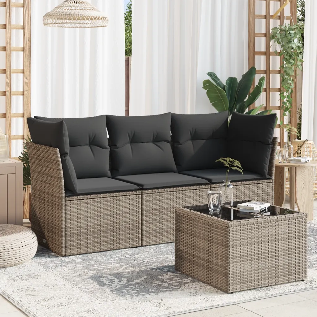 Set Divani da Giardino 4 pz con Cuscini in Polyrattan Grigio