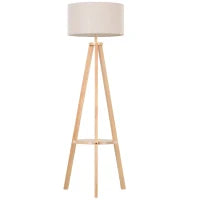 Lampada da Terra con Ripiano Intermedio Paralume in Lino Interruttore a Pedale Risparmio Energetico Altezza 154cm, Legno, 50x50x154 cm