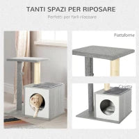 Albero Tiragraffi Multilivello per Gatti e Gattini con Cuccia e Colonna in Corda Sisal, Grigio, 59 x 39 x 62cm