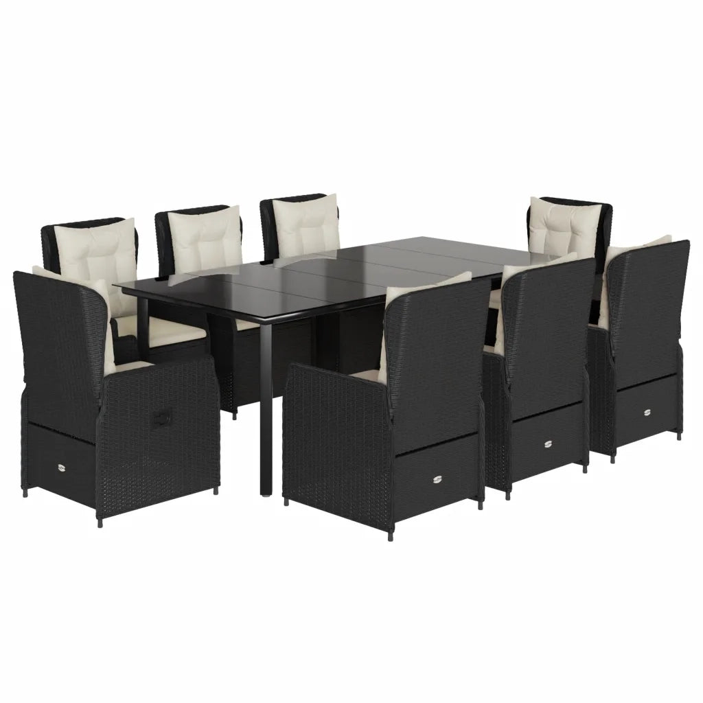Set da Pranzo da Giardino 9 pz con Cuscini Nero in Polyrattan
