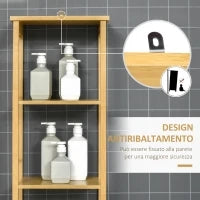 kleankin Mobile Bagno a 3 Ripiani e 1 Credenza, Design a Doghe, Bambù, 34x30x173cm