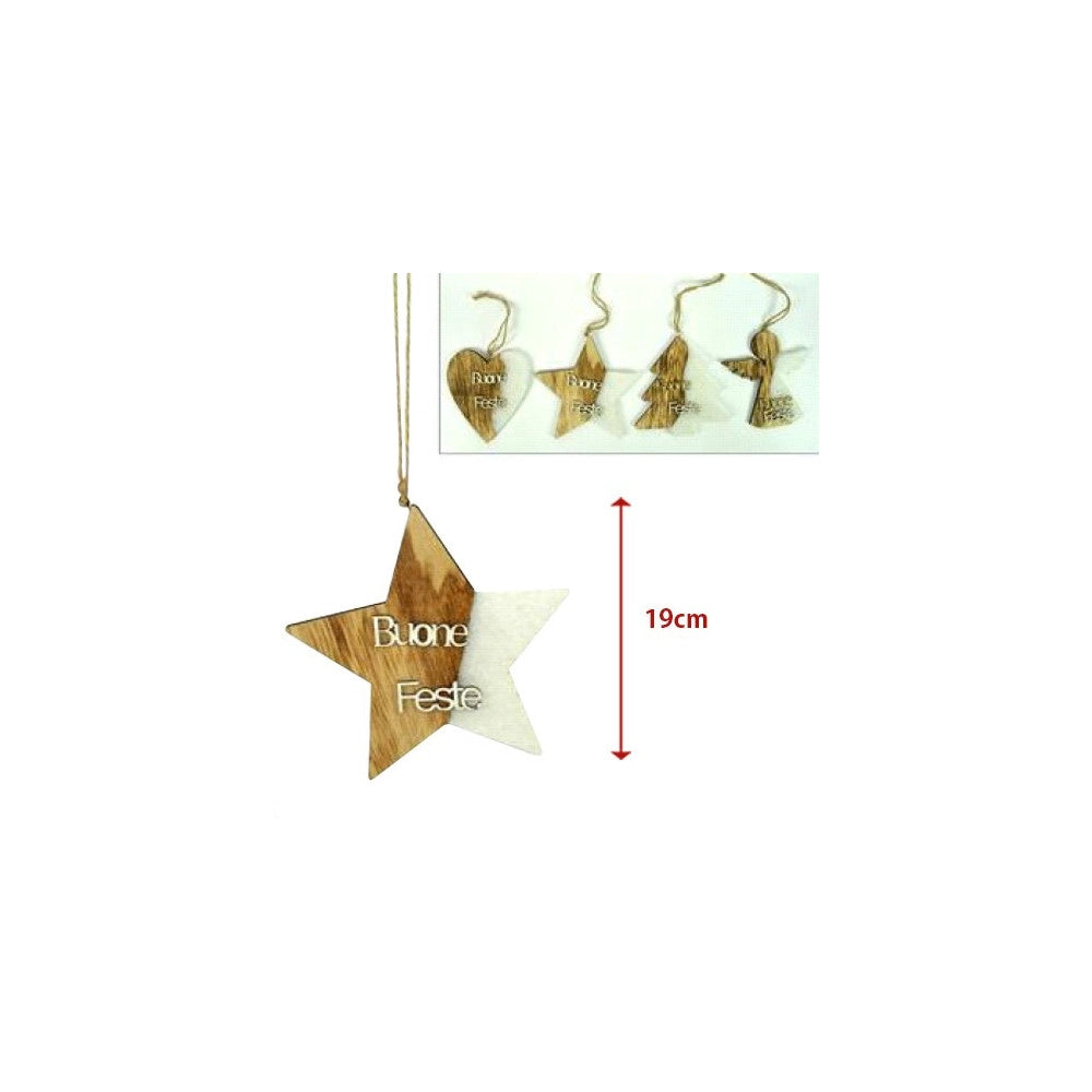 Trade Shop - 4 Appendini Natale Legno Ovatta Forma Stella Albero Angelo Cuore Con Scritta Buone Feste -