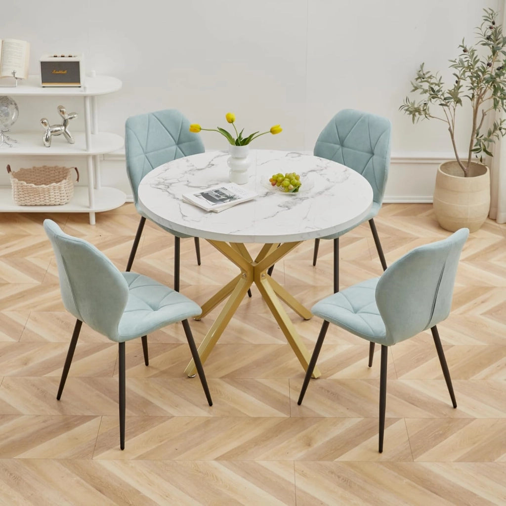 GrandCA HOME Set Tavolo e Sedie da Pranzo, Tavolo da Pranzo Rotondo da 100 CM e 4 Sedie Moderne in Lino, per Sala da Pranzo, Cucina, Soggiorno (Marmo + Menta)