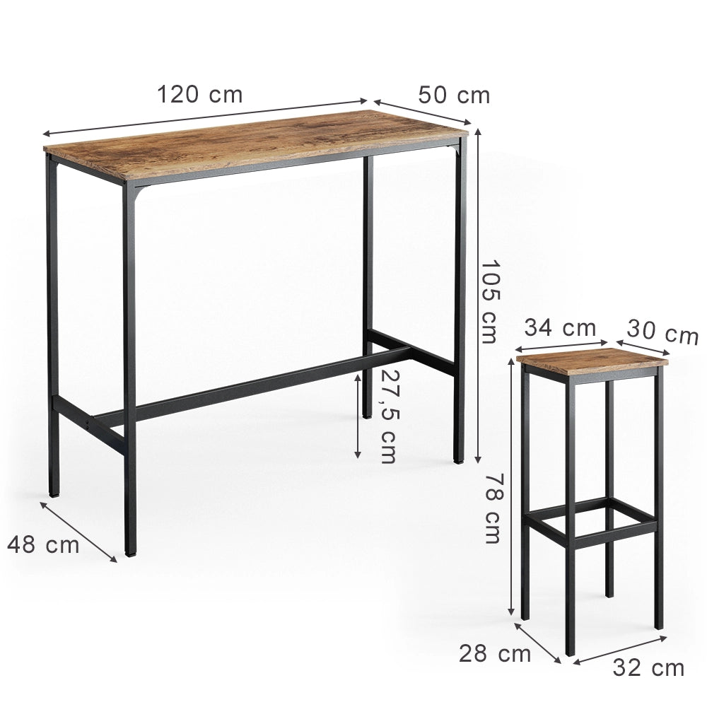 Vicco Tavolo bar con sgabelli Legno antico 120 x 50 cm con 2 sgabelli da bar