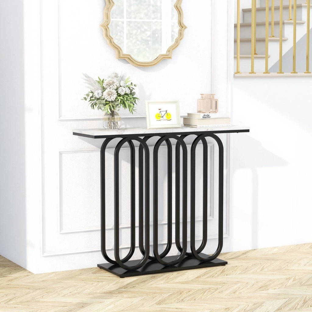 Tavolo consolle da 100cm con piano effetto marmo piedini regolabili struttura in metallo, Mobile ingresso Nero-Consolle