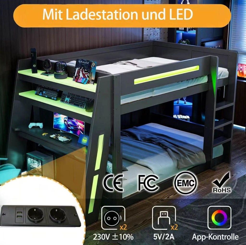 Letto a castello gaming 140x200 cm con scrivania; LED e USB in legno MDF e pino; nero