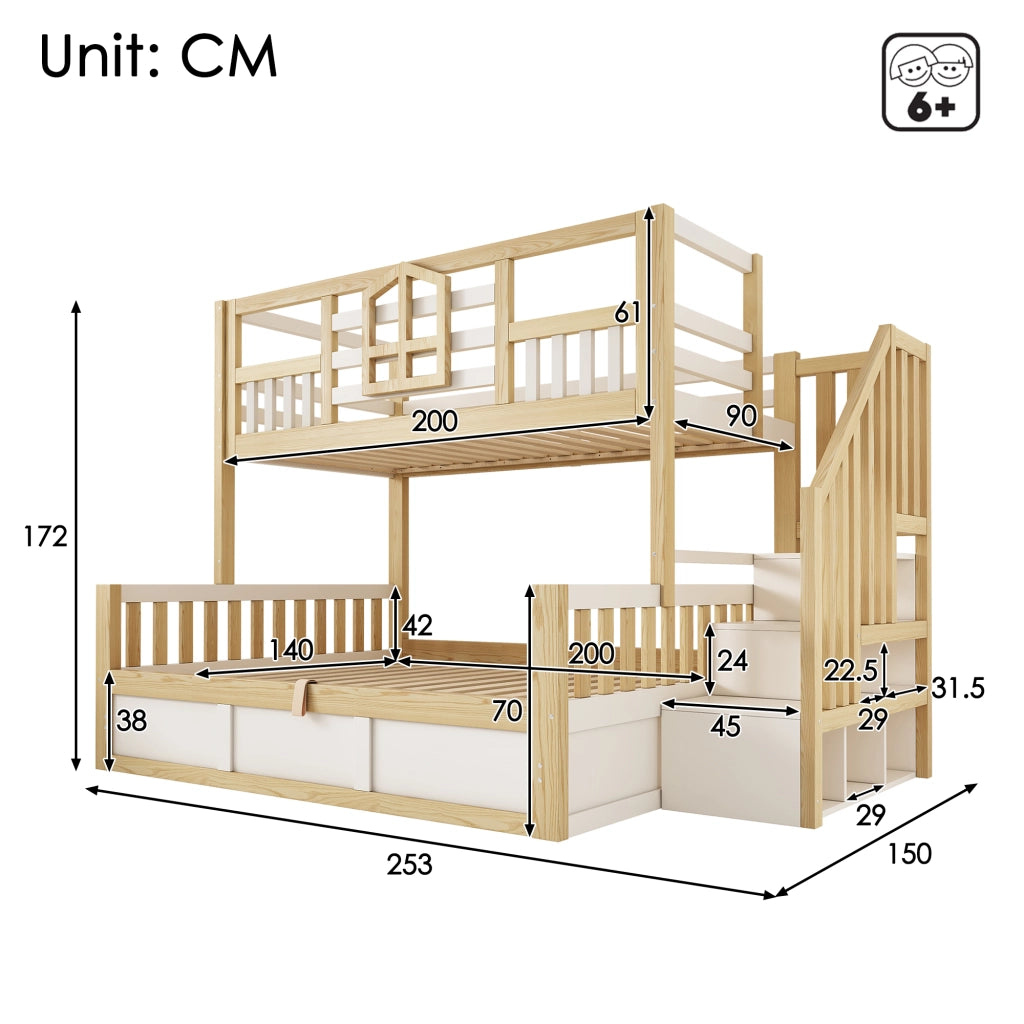 Letto a castello per bambini, 90/140 x 200 cm, con sponde di protezione e spazio contenitivo, bianco e color legno