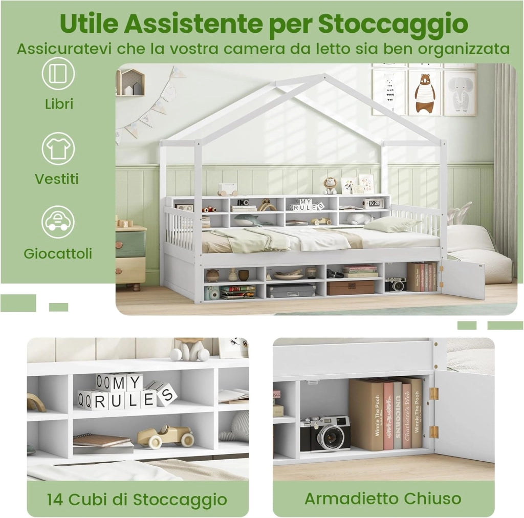 Letto a Castello con Tetto, Letto Singolo per bambini con Struttura in Legno 14 Cubi di Stoccaggio e un Armadio, Struttura Letto 100x190 cm, Carico 200 kg