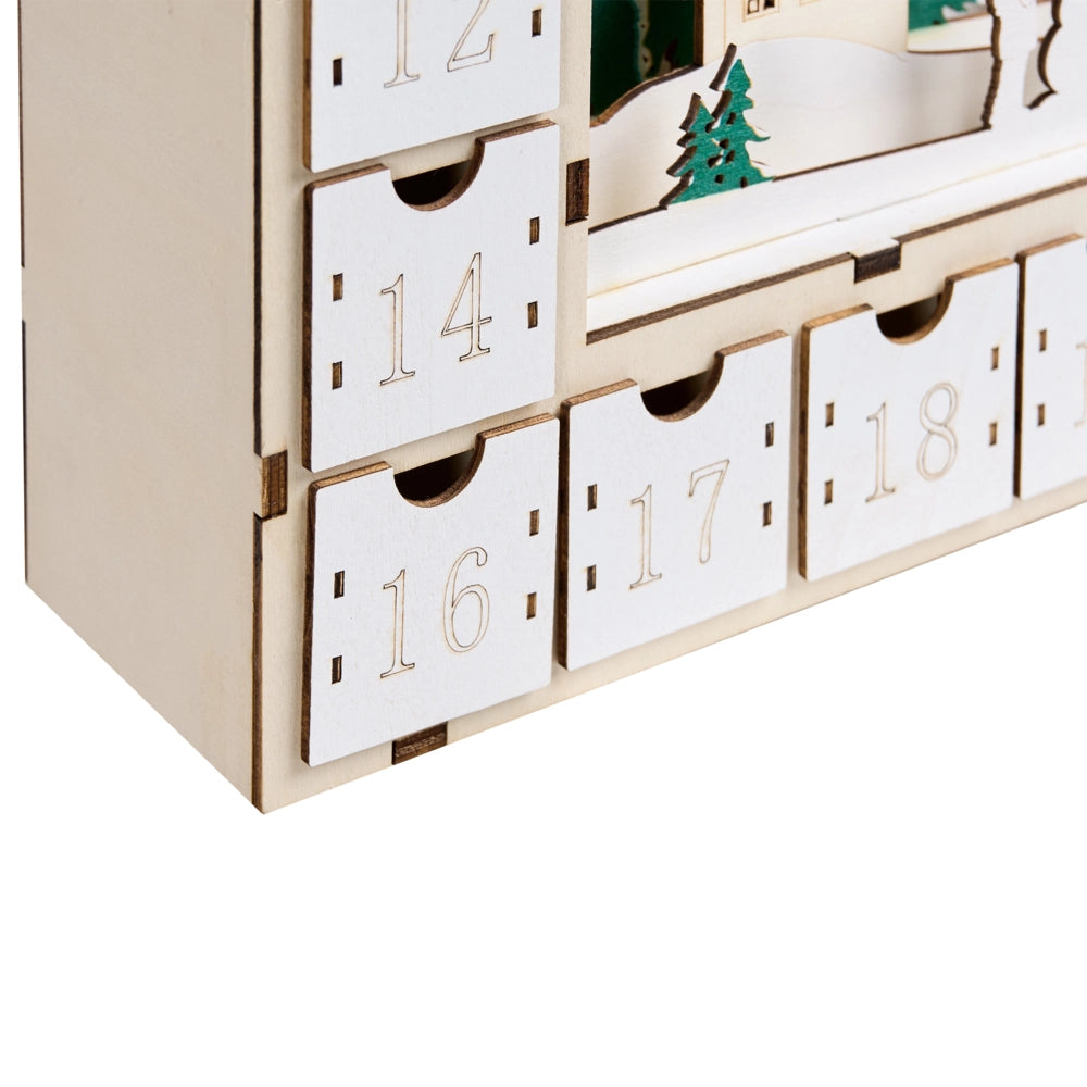 Decorazione natalizia a LED Calendario dell'Avvento in legno a forma di casetta Alimentato a batterie Marrone chiaro