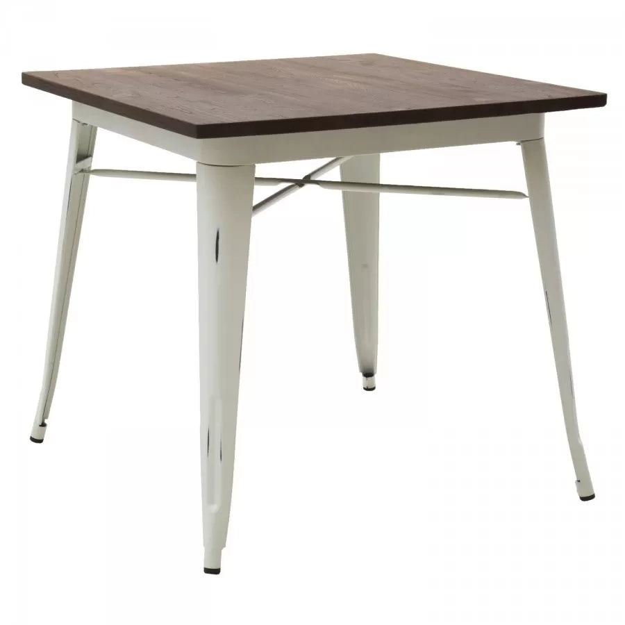 Tavolo quadrato in metallo bianco anticato piano in legno l.80 h.75 p.80