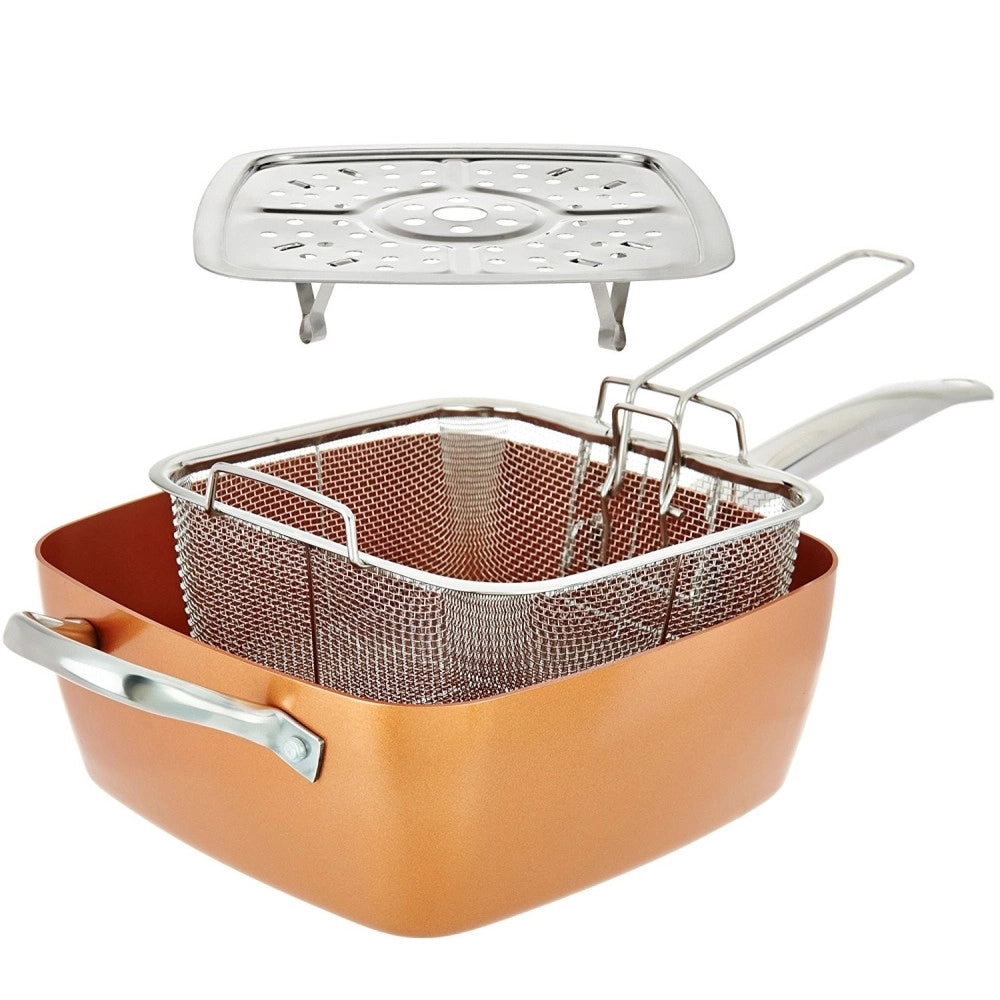 Trade Shop - Pentola Quadrata 4 In 1 Casseruola Da Forno E Friggitrice Con Coperchio In Vetro -