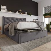OKWISH Letto Contenitore 160×200 cm, Letto Matrimoniale con Testiera Imbottita, Vano Contenitore, senza Materasso, in Cotone, Grigio
