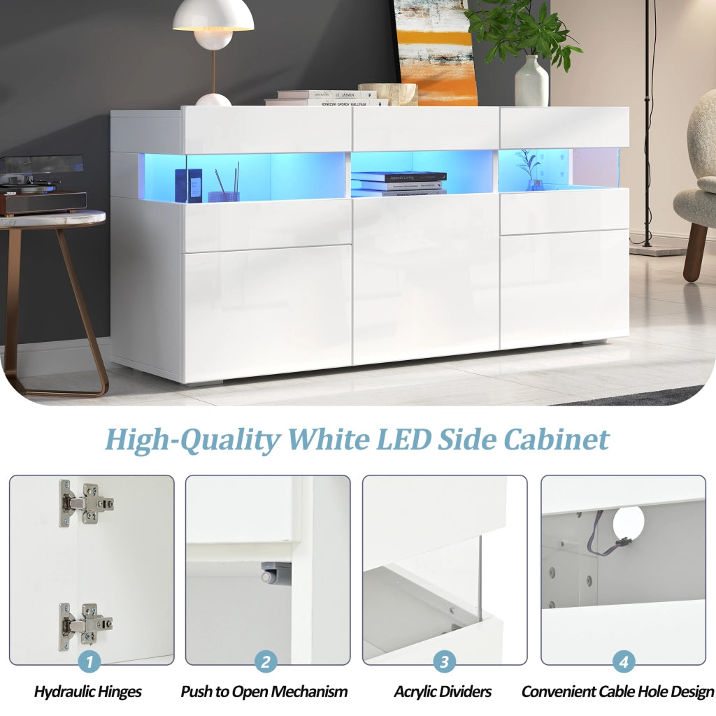 Credenza con LED e 3 ante, 7 vani e vano semiaperto, frontale lucido, per soggiorno, bianca, 140 × 40,5 × 66,5 cm
