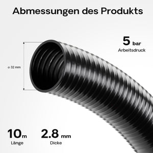 Tubo spiralato per aspirazione, nero, da 10m in PVC D32mm 460g/m per pompe laghetti