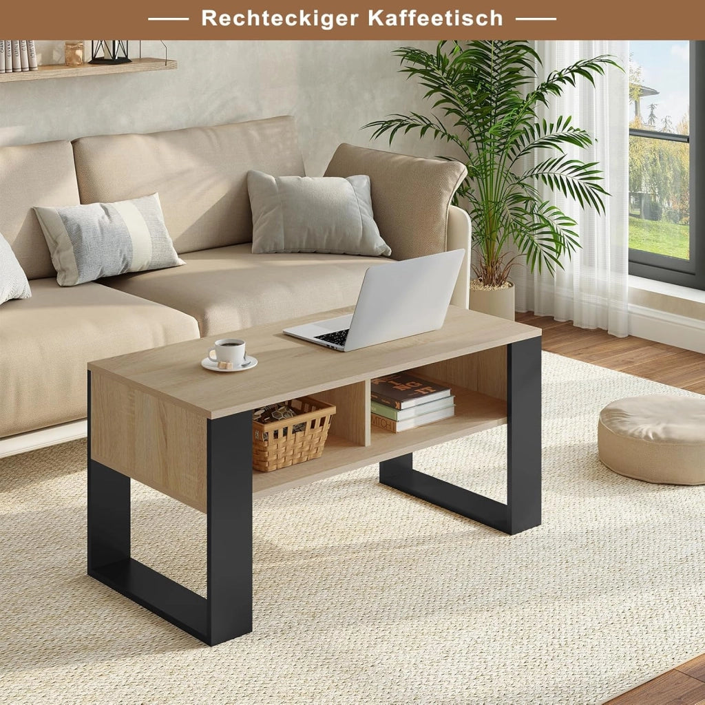 Tavolino da Salotto/Divano con 2 Scomparti Aperti, Tavolino Basso, Tavolo Laterale per Soggiorno, Camera da Letto, in Legno, Marrone Rustico + Nero, 90x45x45 cm, BTS16hov