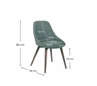E-STYLO Sedia da pranzo in tessuto verde con gambe e struttura in massello di noce, 58cm X 49cm H. 85cm.