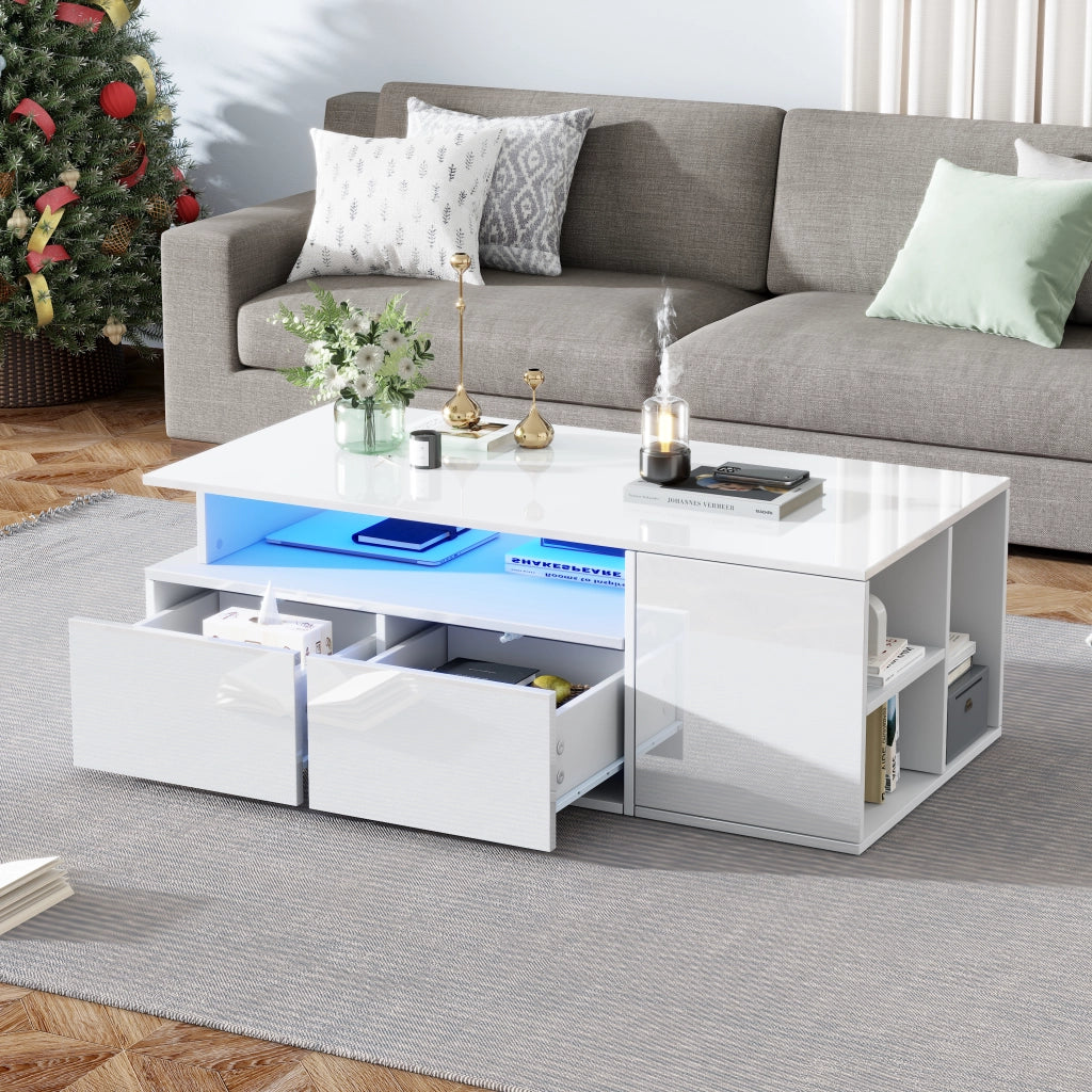 Tavolino da salotto con 2 cassetti; 1 vano aperto e 3 scomparti laterali; LED USB; per soggiorno; bianco 100 x 50 x 35 cm