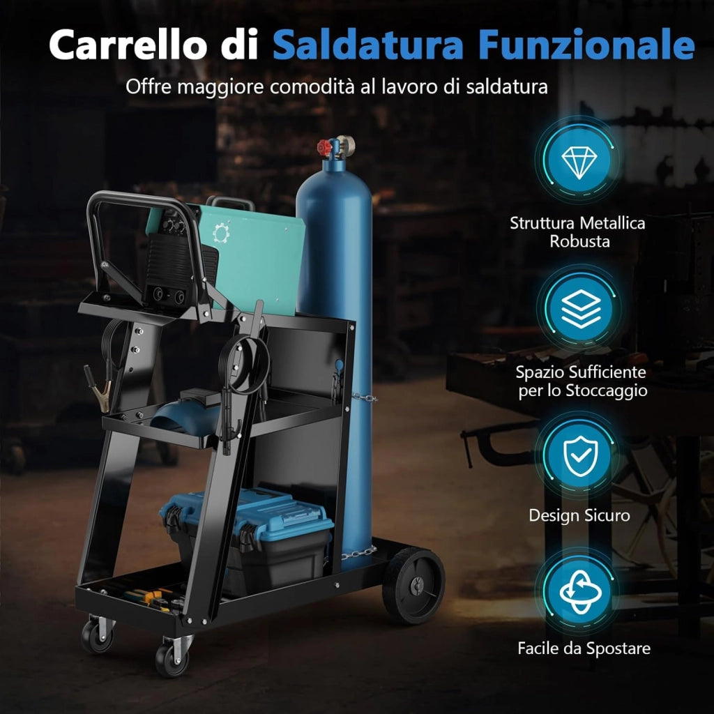 Carrello da Saldatura a 3 Livelli, Carrello per Saldatore con Struttura in Metallo, 4 Ruote Bloccabili Universal e Spazio per Serbatoio con Catene Anti-Ribaltamento, Carrello per Officina
