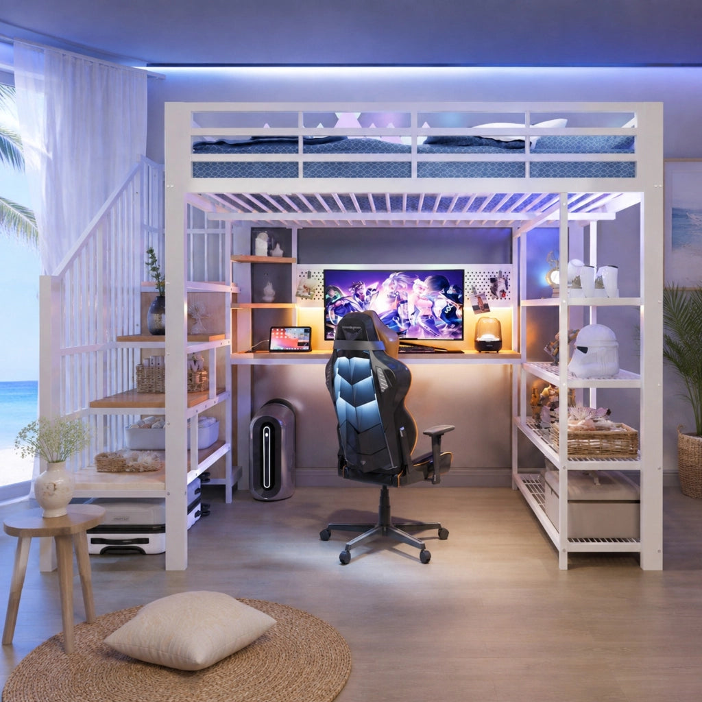 DESMIU Letto a soppalco matrimoniale 140 × 200 cm con scala contenitore, LED, prese, senza materasso, metallo e legno, bianco