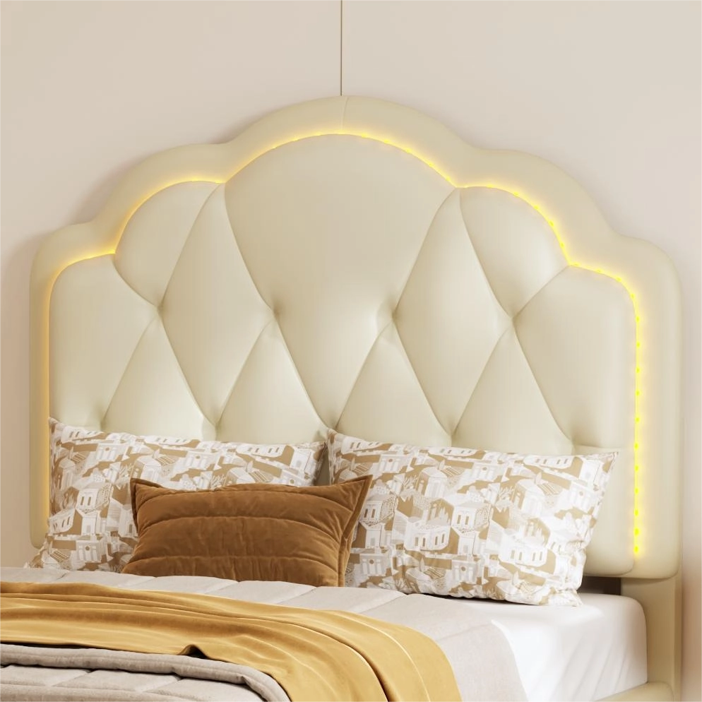 Letto per Bambini Letto Singolo con LED Multicolore e Testiera Ondulata 90×200 cm; senza Materasso; PU; Beige