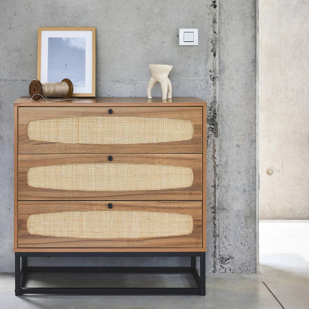 Cassettiera effetto legno e canna, 3 cassetti, marrone naturale