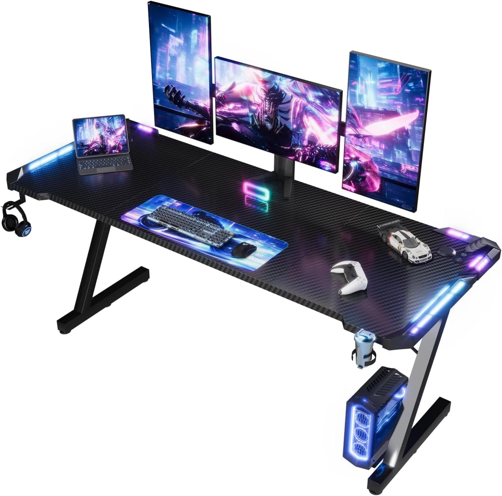 120 x 60cm Scrivania Gaming LED, Tavolo Gaming Ergonomica, Scrivania per Computer con Porta Bicchiere e Ganci per Cuffie, Postazione con Piano del Tavolo in Fibra di Carbonio, Nero
