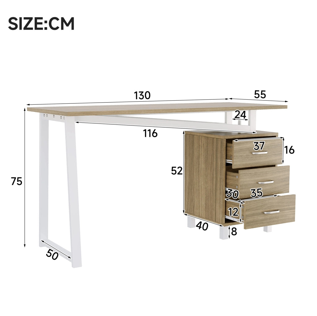 Scrivania 130x55x75 cm con 3 cassetti; struttura stabile in MDF e acciaio; naturale e bianco