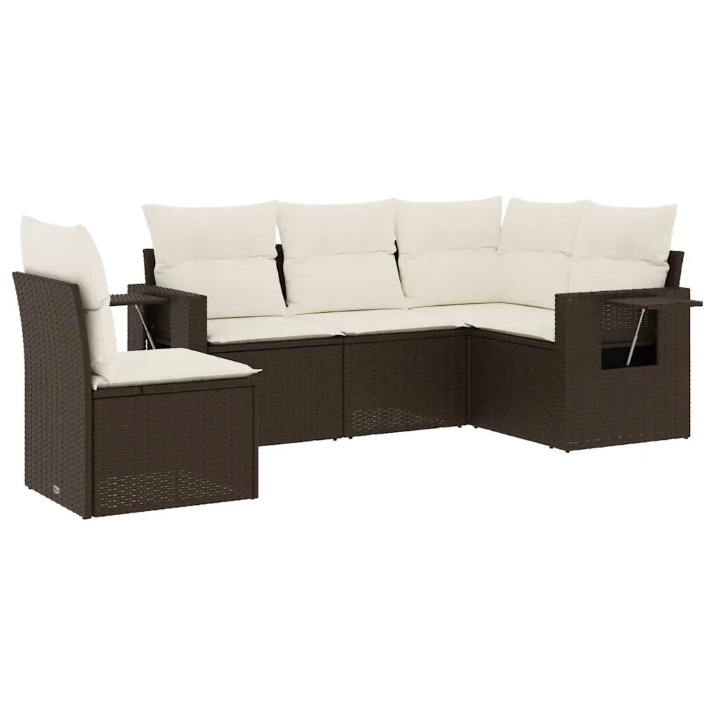 Set Divano da Giardino 5 pz | Set Salotto da Giardino con Cuscini Marrone in Polyrattan