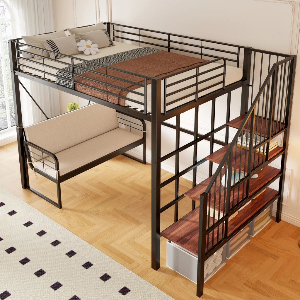 Letto a castello 140 × 200 cm con divano imbottito rimovibile, scala contenitore, senza materasso, nero