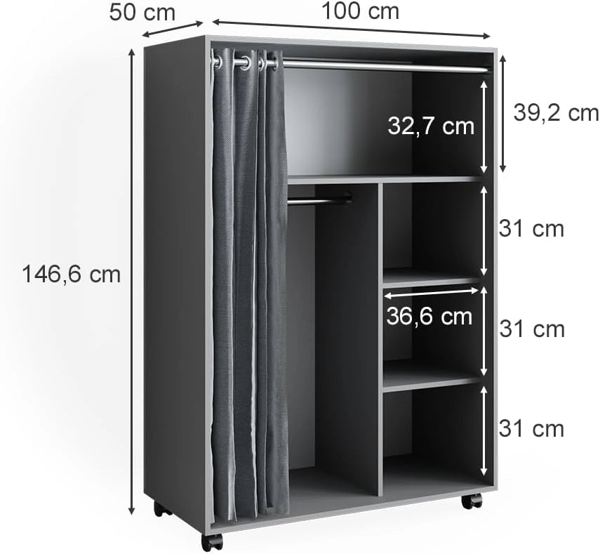 Armadio multifunzione Doros, Grigio, 100 x 146.6 cm Con rulli, con ruote per un posizionamento flessibile nell'ambiente